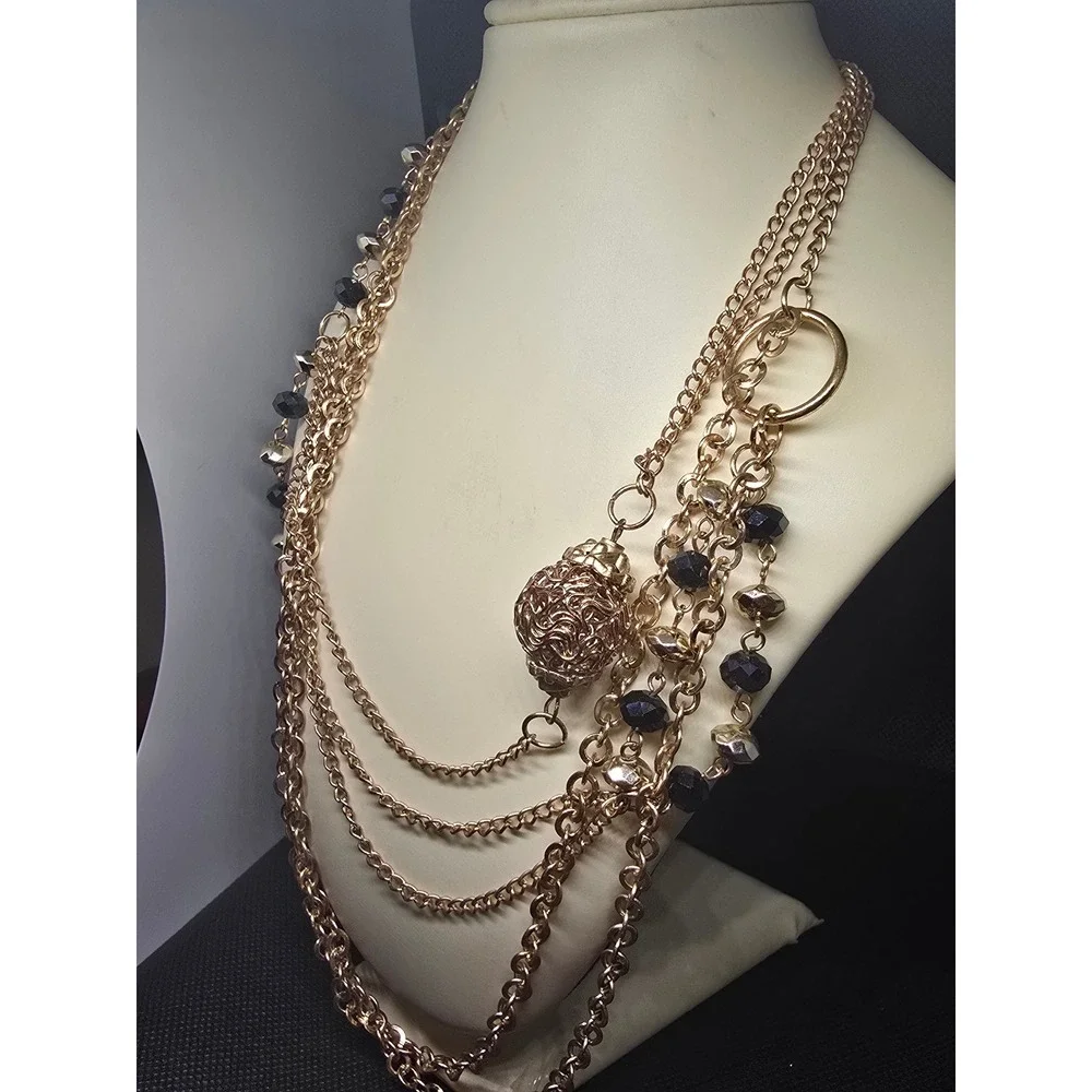 Rose Gold Tone Multi Strand Layered Statement Necklace Black Beaded Asymmetrical